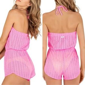 Pink Crochet Lace Romper Cover-Up